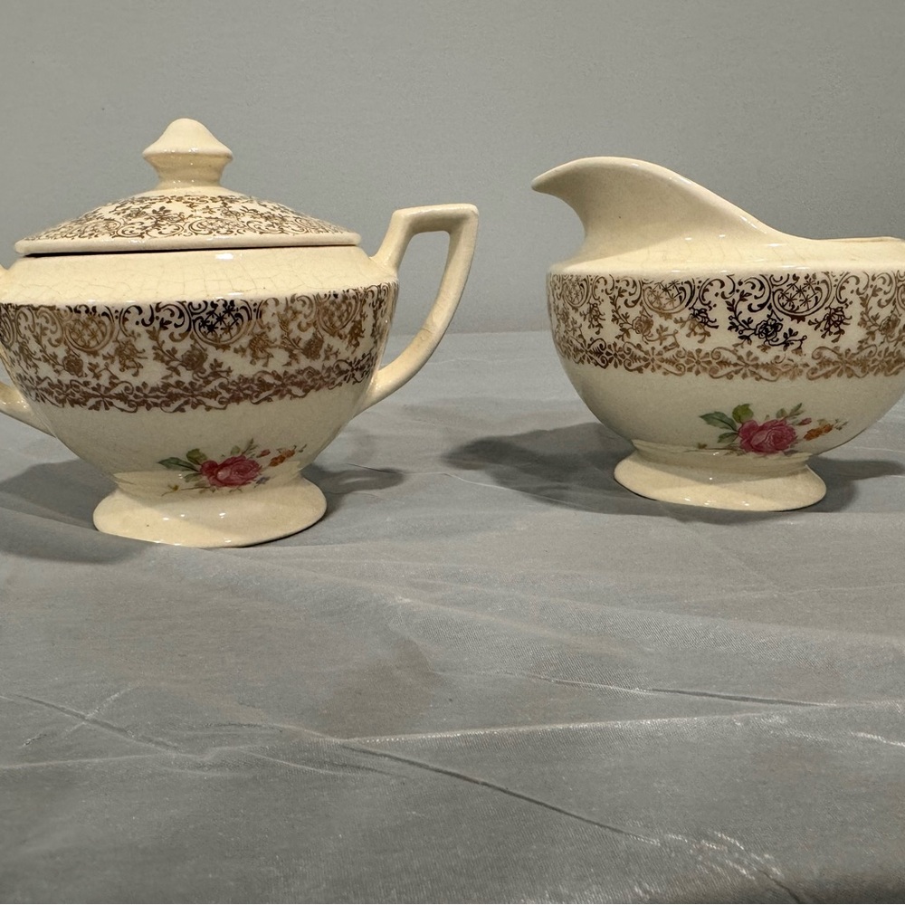 Vintage Creamer & Sugar Bowl Set Floral Gold Scroll Cottagecore